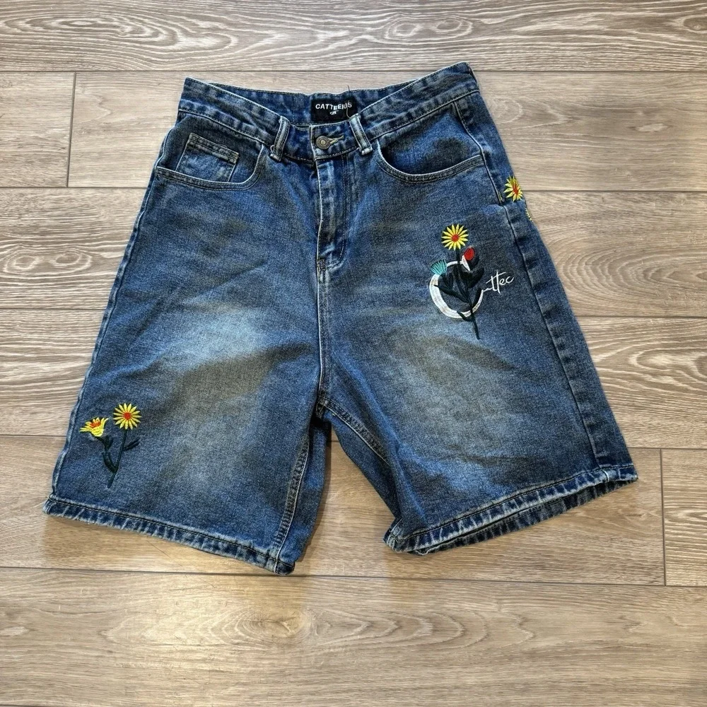 Y2K Embroidered Denim Shorts Floral Fairycore Cottagecore‎ Indie Jean Shorts